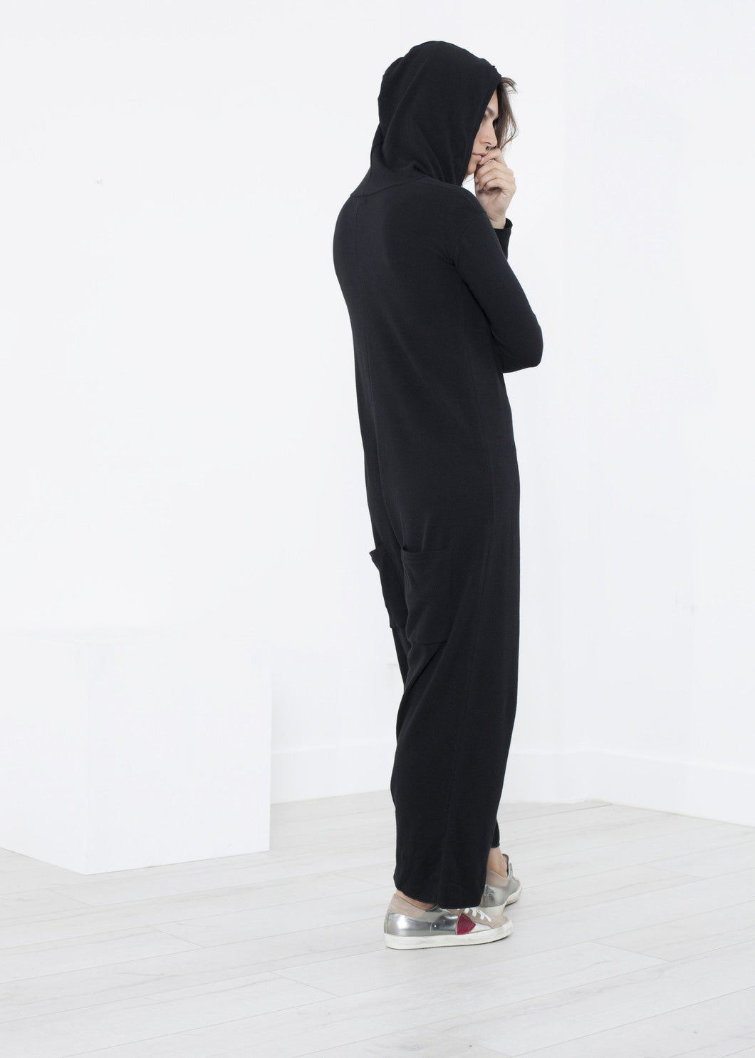 Knit Hooded Jumpsuit in Black - red