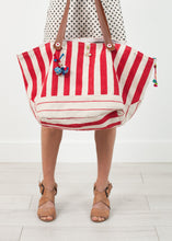 Load image into Gallery viewer, Woven Oversized Tote in Red Stripe - indigo
