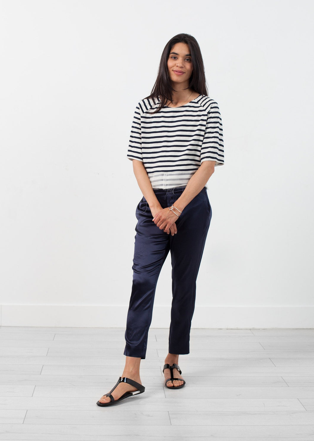 Sleeve Top in Navy Stripe - brown