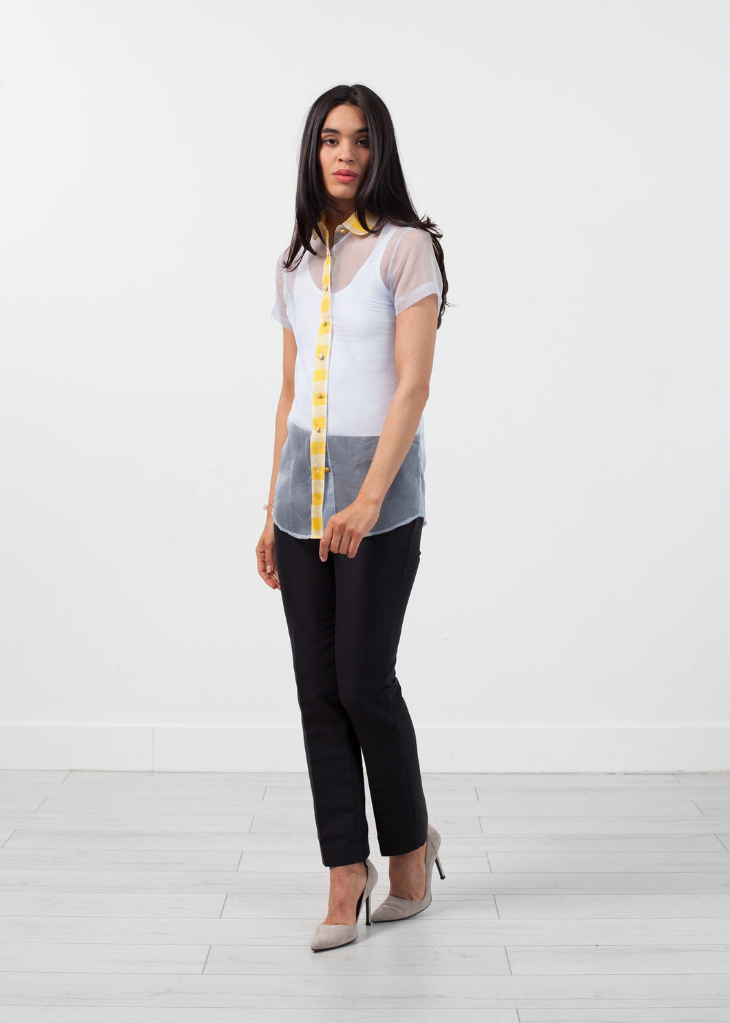 Sheer Button-Up Blouse in Pale Blue - yellow