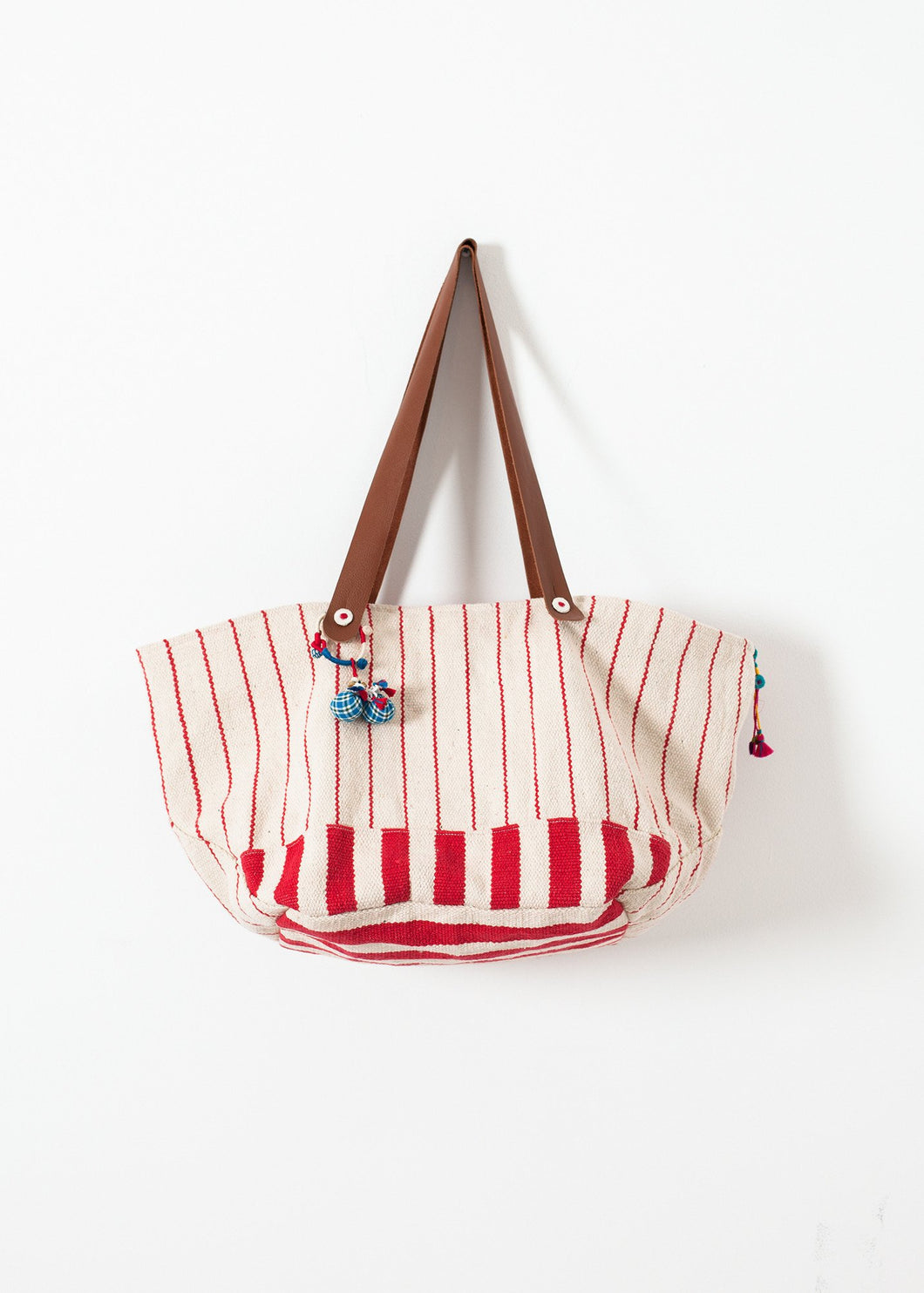Woven Oversized Tote in Red Stripe - indigo